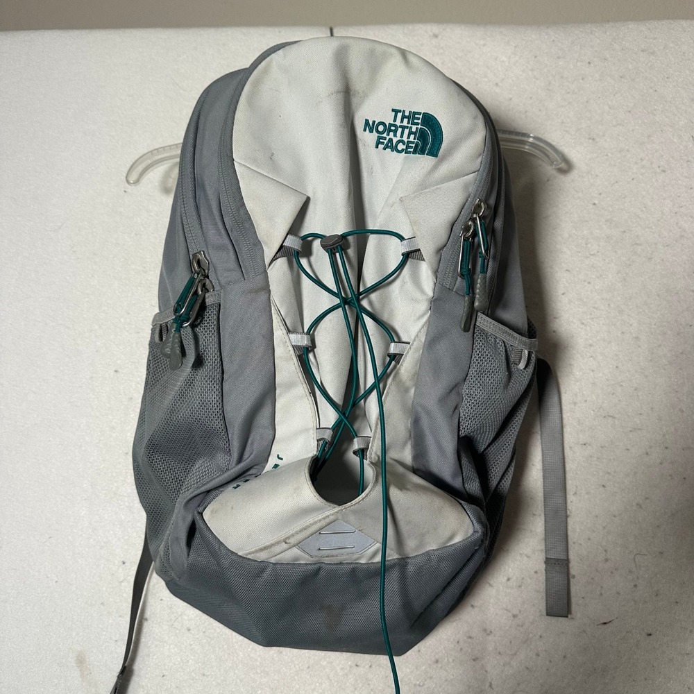 The North Face Jester Backpack Grey White Teal FlexVent Laptop Sleeve Bag